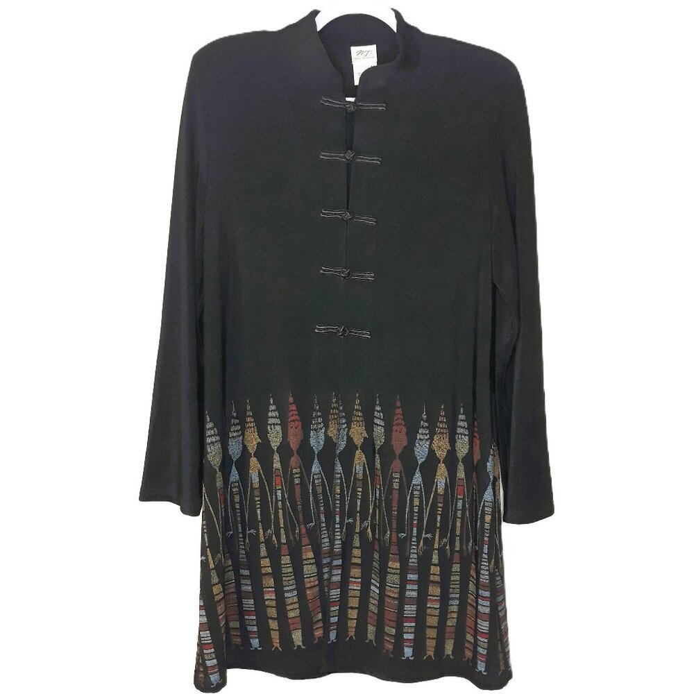 Norm Thompson Black Longline Frog Closure Jacket M Artsy Art to Wear Lagenlook